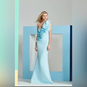 Badgley Mischka 3D Flower One Shoulder Gown